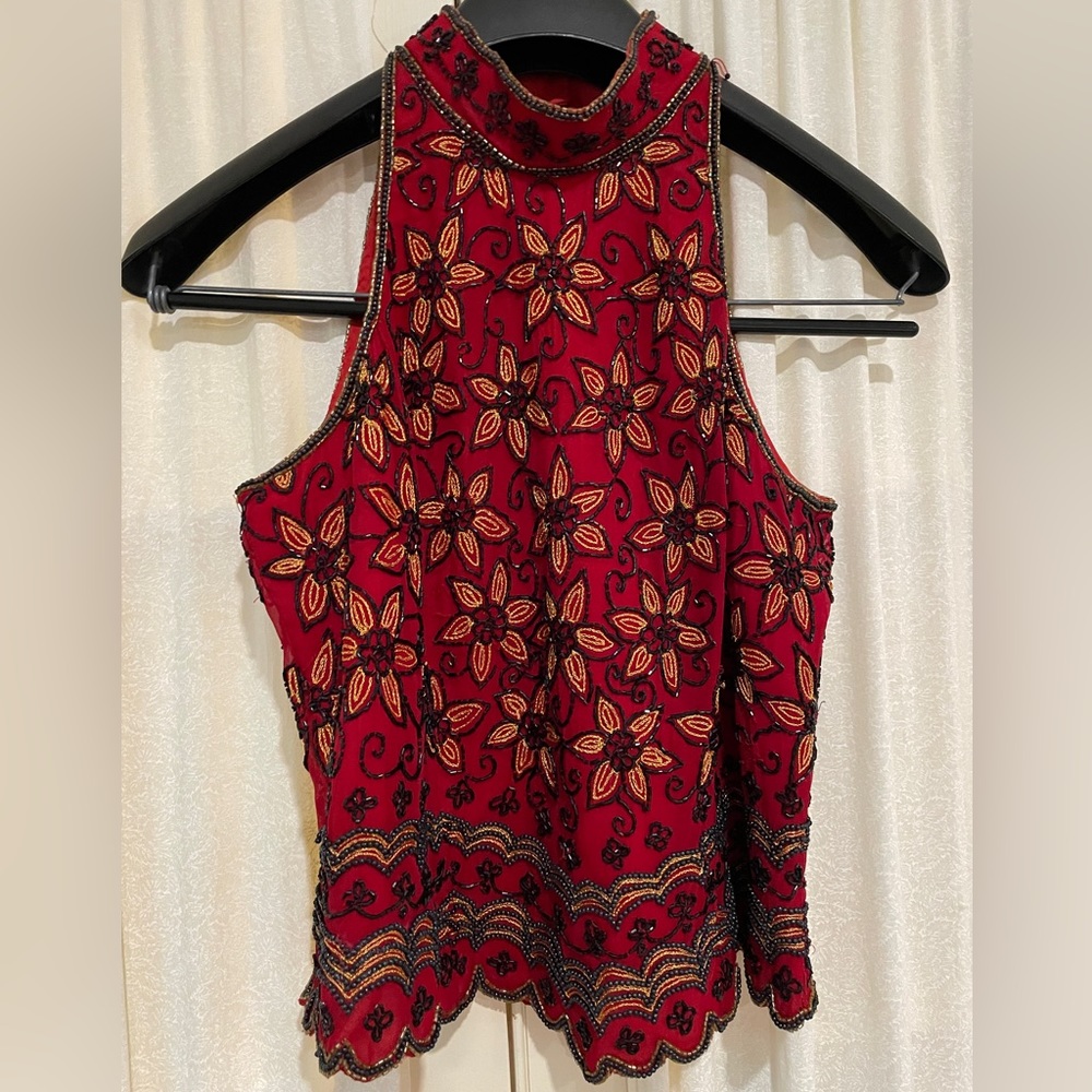 Beautiful sequin, beads embroidered deep red Papell Boutique top